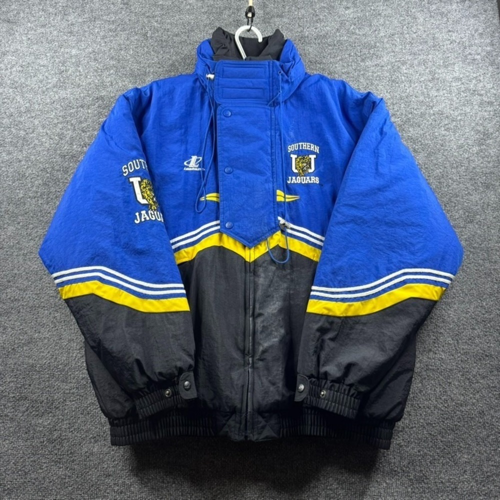 VINTAGE Southern University Jaguars Jacket Men XL Blue Puffer Logo Athletic 90s